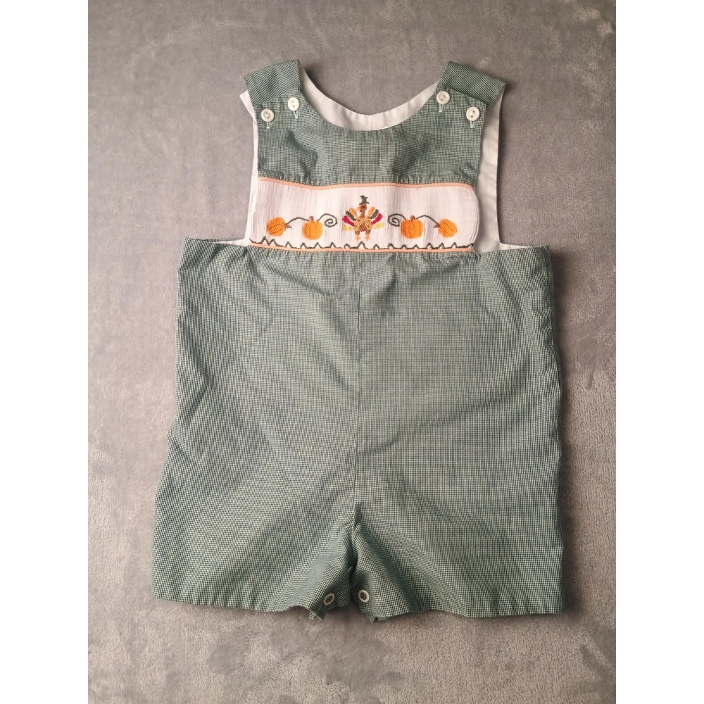 Two Friends Romper Boys 12-18 Months Green Gingham Smocked Turkey Thanksgiving